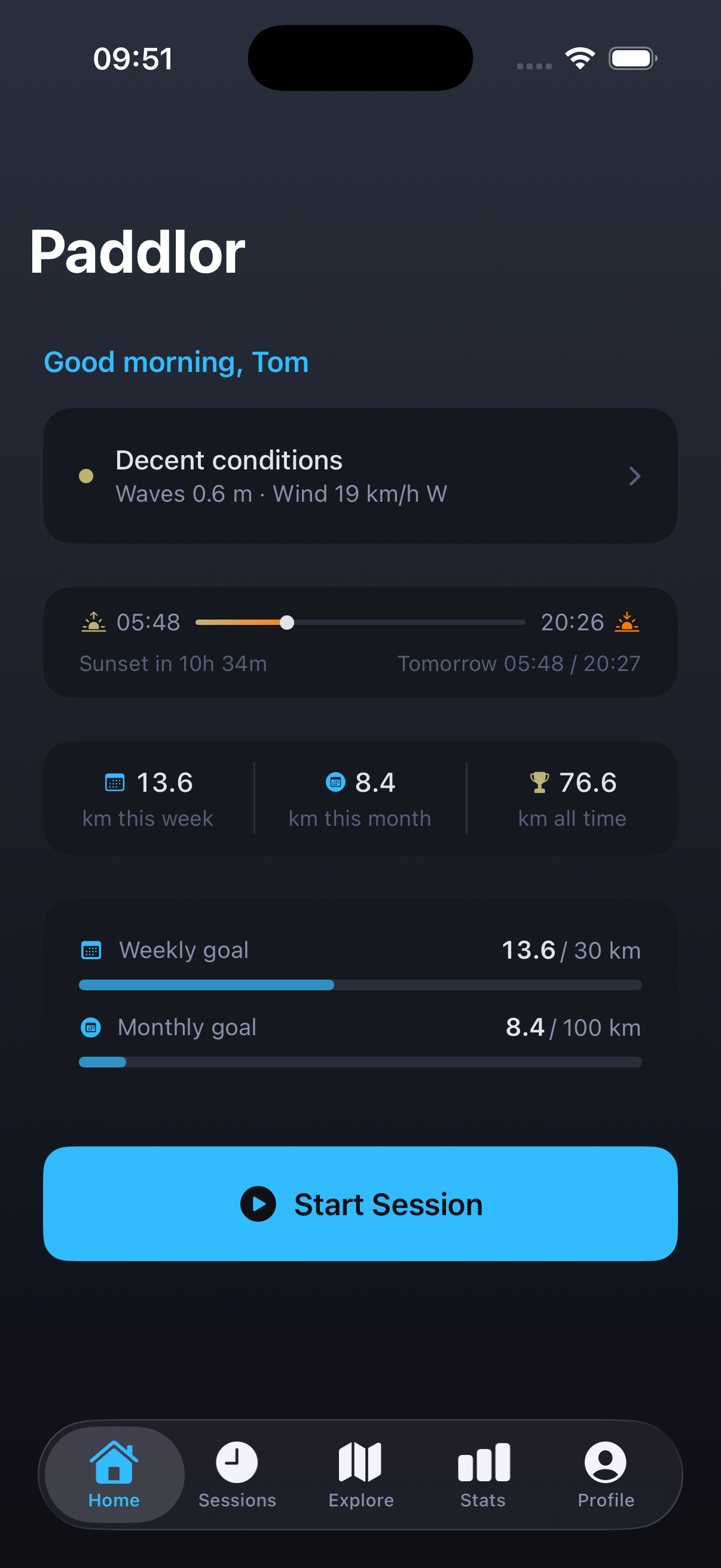 Paddlor app home screen
