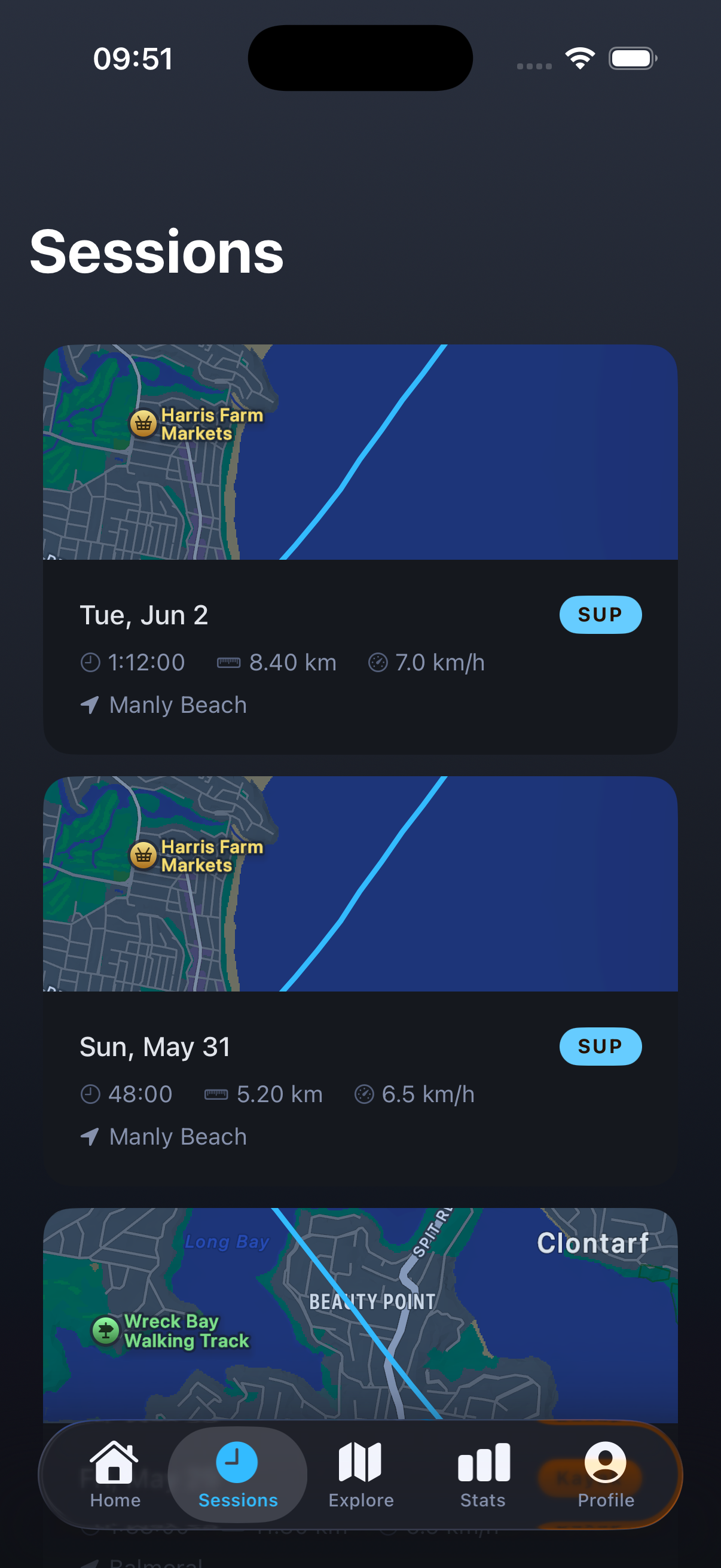 Paddlor sessions list showing recent paddles with map thumbnails and stats